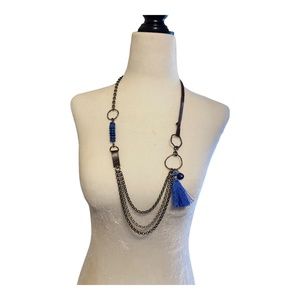 Mixed metal, lapis lazuli, leather & tassel necklace